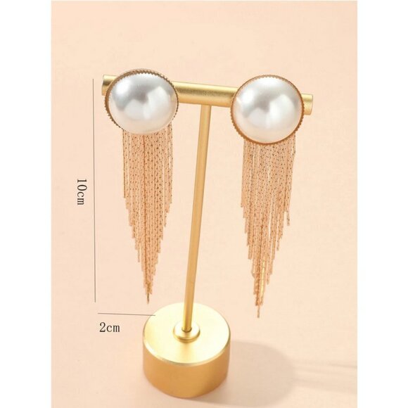 Faux Pearl Metal Tassel Drop Earrings - Picture 3 of 4